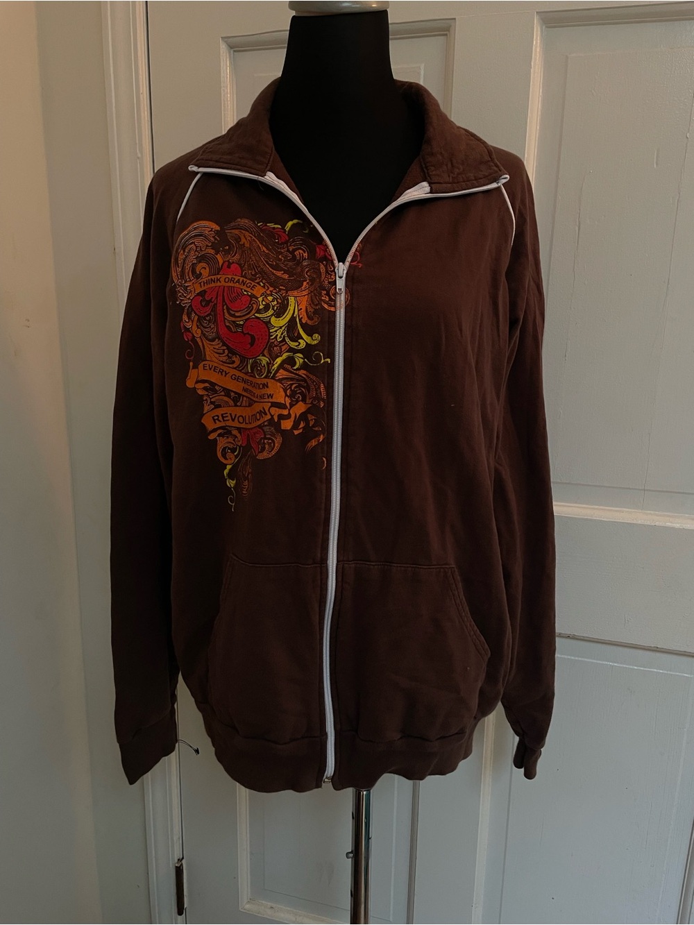 Vintage y2k Brown Zip-Front Graphic Sweater Jacket